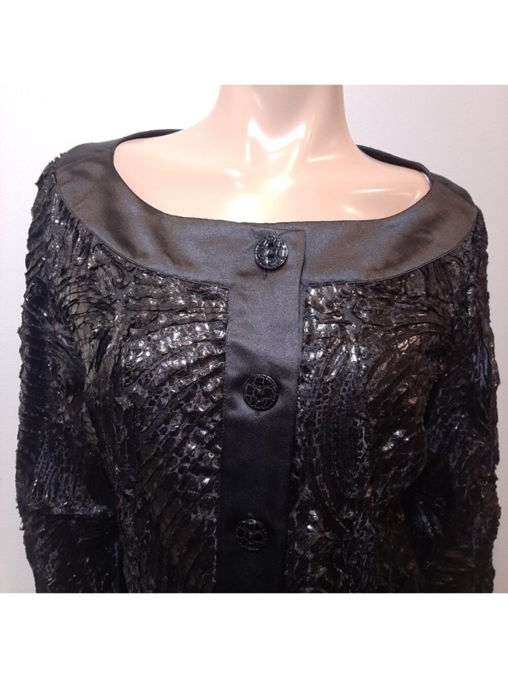 SAMUEL DONG Satin Jacket Textured Floral Buttoned Blazer Cardigan Top Designer - Picture 2 of 14